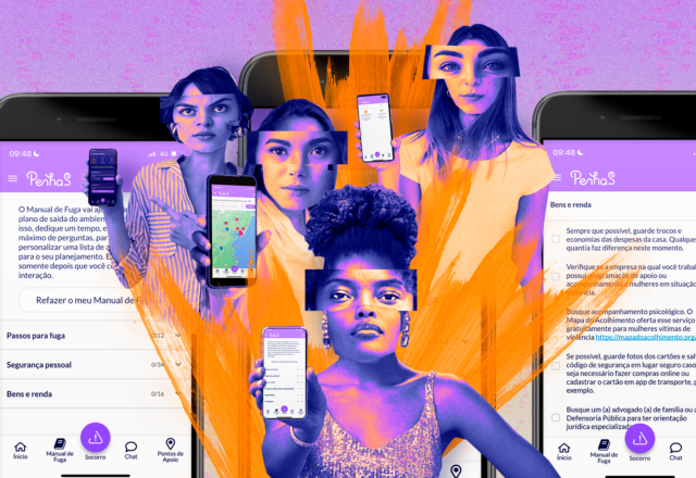 A imagem mostra um design promocional do aplicativo "PenhaS". Há várias representações de mulheres em diferentes poses e expressões, todas olhando diretamente para o espectador, sobrepostas por uma arte gráfica vibrante em tons de roxo e laranja. No centro, vemos smartphones exibindo telas do aplicativo, que parece oferecer uma série de recursos como "Manual de Fuga", "Socorro", "Chat" e "Pontos de Apoio". As telas dos smartphones mostram diferentes funcionalidades do app, como um mapa de acolhimento, dicas para a segurança pessoal e gestão de bens e renda.