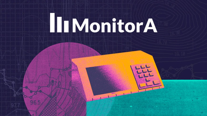 Fundo azul matinho com urna eletrônica laranja, círculo roxo e faixa verde. No alto, a palavra Monitora.