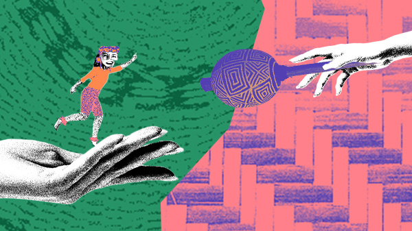 Imagem sobre parteria tradicional. No lado direito da colagem, vemos uma ilustração de uma mão em preto e branco segurando um maracá roxo. À esquerda, a ilustração de uma mão em preto e branco com uma bandana verde amarrada no pulso e estendida com uma mulher sobre a palma. A mulher está em uma posição como se estivesse segurando a faixa verde, ela usa roupas laranja e rosa e tem adornos indígenas nos tornozelos e uma tiara de penas na cabeça. O fundo da imagem é em tons de rosa e roxo com textura de trançado de palha.