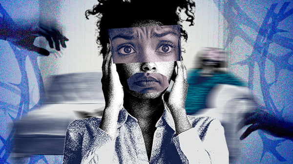 Colagem digital mostra uma mulher negra parecendo atordoada, com as mãos ao lado da cabeça, quase tapando os ouvidos. Tem uma mão em cada lado dela, parece que querendo tocá-la, e ao fundo uma pessoa está deitada no divã. Exceto a mulher, tudo está borrado, sem foco, remetendo aos efeitos do racismo na terapia