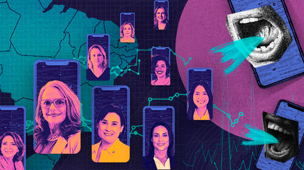 Imagem com os rostos das candidaturas analisadas na reportagem e vítimas de violência política online. Arte de Lori Costa e Kath Xapi