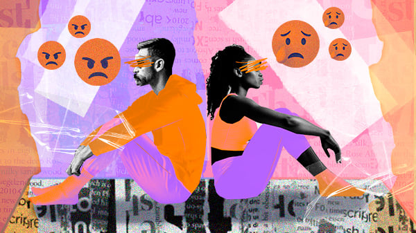 colagem digital mostra um homem e uma mulher, de costas um para o outro, com riscos nos olhos e emojis de tristeza e raiva, eles estão próximos fisicamente e mas parecem desconectados, como nos não relacionamentos