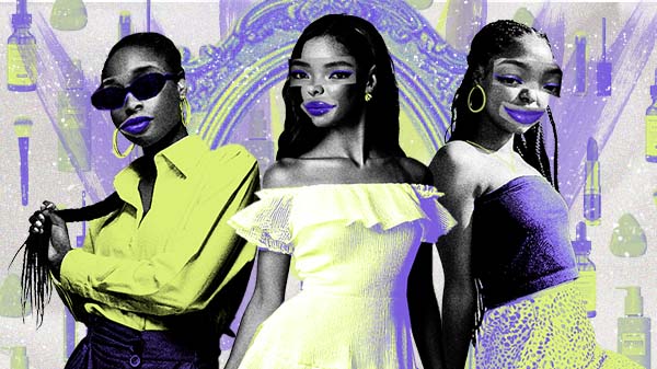 colagem digital mostra três mulheres negras com looks produzidos, fazendo pose e mostrando seus estilos de vestir. Ao redor delas cosméticos e maquiagens reforçam o cuidado com a beleza das influenciadoras de moda