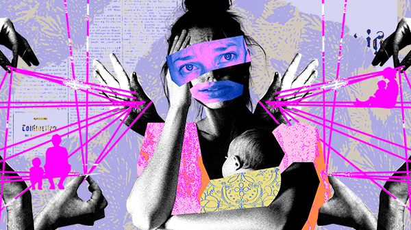 colagem digital mostra uma mulher com um bebê no colo e uma mão na cabeça sinalizando o incômodo com as mãos ao redor que seguram fios para manipular suas escolhas e comportamentos