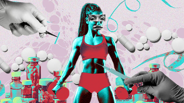 colagem digital mostra uma mulher ao centro, com corpo tido como ideal, cercada por frascos com anabolizantes e seringas