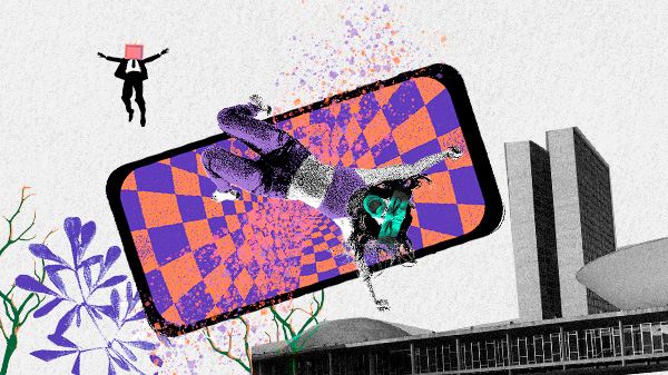 Colagem digital mostra um celular e uma mulher gritando, em desespero, como se estivesse caindo, nas laterais o planalto e um homem de terno remetem ao poder político exercido pelos vereadores