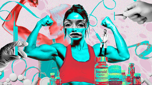 colagem digital mostra mulher fazendo pose que evidencia os músculos dos braços. À frente dela vários frascos de anabolizantes injetáveis e em comprimidos, com um médico em pé sobre um dos frascos. Nas laterais, aparecem seringas para injeção