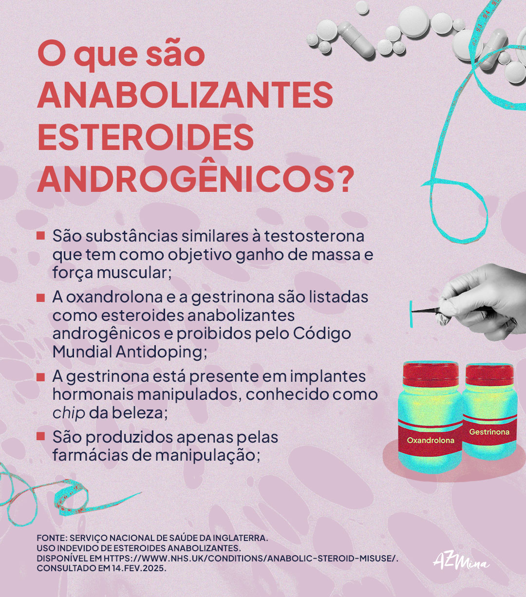 O que são anabolizantes esteroides androgênicos? . São substâncias similares à testosterona que tem como objetivo ganho de massa e força muscular; . A oxandrolona e a gestrinona são listadas como esteroides anabolizantes androgênicos e proibidos pelo Código Mundial Antidoping; . A gestrinona está presente em implantes hormonais manipulados, conhecido como chip da beleza; . São produzidos apenas pelas farmácias de manipulação; Fonte: Serviço Nacional de Saúde da Inglaterra. Uso Indevido de Esteroides Anabolizantes. Disponível em https://www.nhs.uk/conditions/anabolic-steroid-misuse/. Consultado em 14.fev.2025.