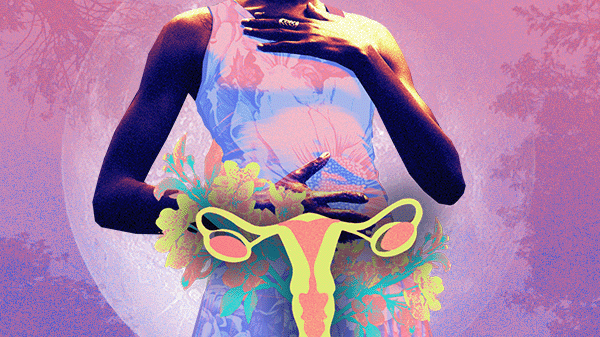 colagem digital mostra uma mulher negra com uma mão no colo e outra na barriga, e à frente dela, em destaque tem um útero, órgão central na saúde reprodutiva