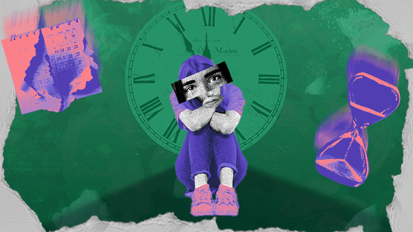 colagem digital mostra uma mulher sentada, parecendo desolada, ela está no centro de um relógio que indica a angústia provocada pelo aborto retido