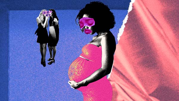 colagem digital mostra mulher grávida de perfil, enquanto outras duas mulheres olham para ela e parecem falar sobre ela