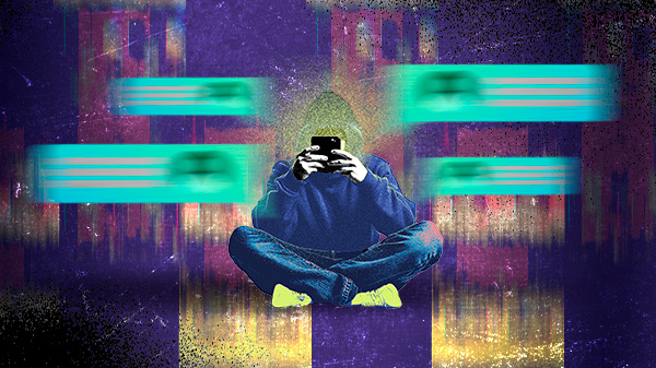 olagem digital mostra jovem sentado com os pés cruzados e o celular na mão, notificações sinalizam a navegação ativa nas redes