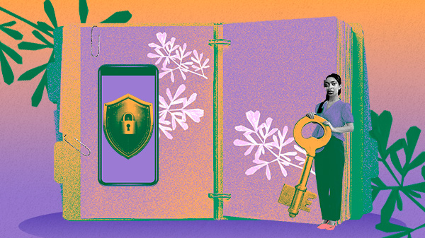 Imagem colorida em estilo colagem digital. Ao centro, há um grande livro aberto com folhas brancas desenhadas nas páginas. Sobre uma das páginas, um celular exibe um escudo dourado com um cadeado, simbolizando segurança digital. Ao lado do livro, uma mulher segura uma chave dourada grande, representando controle e acesso. Ramos verdes contornam as bordas da imagem, com fundo em tons de laranja, lilás e roxo.