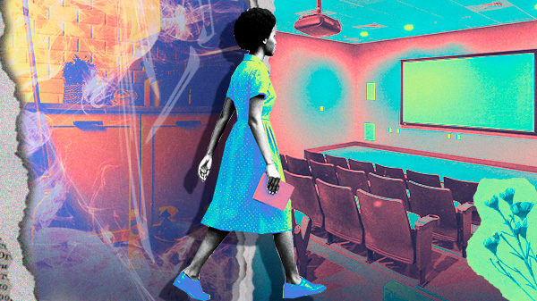 Colagem digital mostra uma trabalhadora negra caminhando em direção a uma sala de aula colorida e vazia, segurando um caderno rosa; a imagem mistura elementos gráficos vibrantes e abstratos, representando força, saber e resistência.