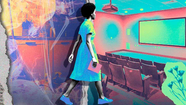 Colagem digital mostra mulher negra caminhando em direção a uma sala de aula colorida e vazia, segurando um caderno rosa; a imagem mistura elementos gráficos vibrantes e abstratos, representando força, saber e resistência.
