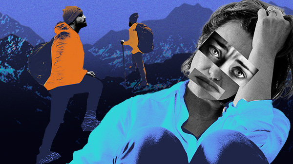 Colagem digital mostra dois homens com estilo montanhista numa escalada de montanha, como os legendários se propõem a fazer. Em primeiro plano uma mulher parece preocupada.