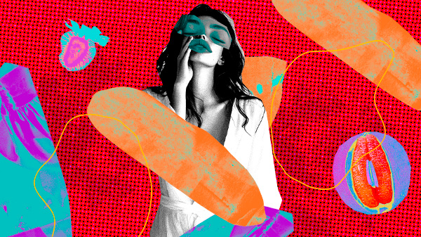 colagem digital com fundo vermelho tem mulher ao centro e imagens de frutas que remetem à vulva ao redor