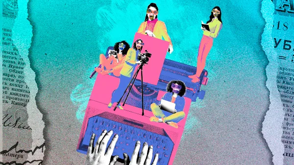 Ilustração de mulheres racializadas atuando no jornalismo em cima de uma máquina de escrever gigante, simbolizando a força do jornalismo local feito por quem vive nas periferias e interiores, preenchendo os desertos de notícias no Brasil
