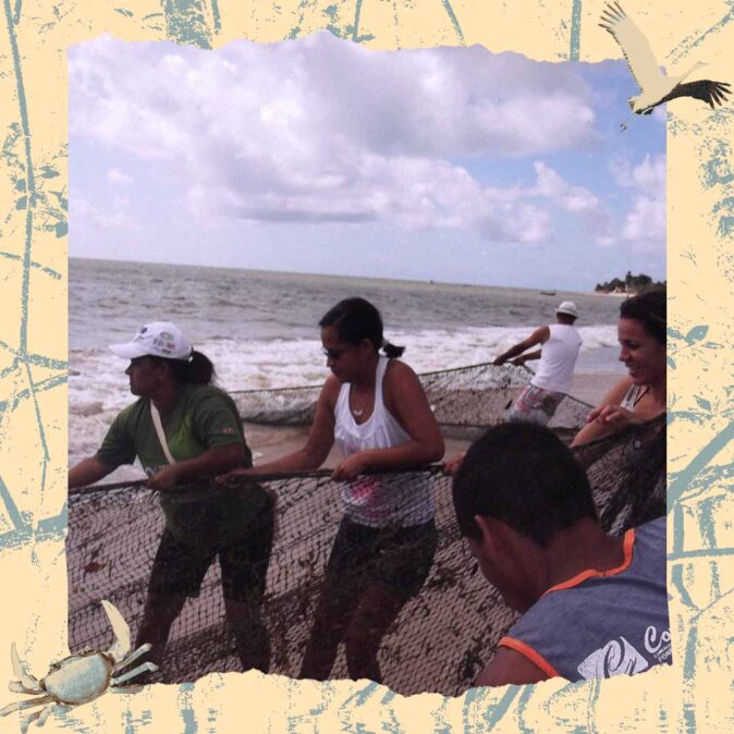 Foto mostra mulheres na puxada da rede de arrasto no litoral de Alagoas