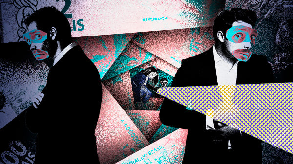 Colagem digital com estética pop-art mostra dois homens de terno com expressão desconfiada e máscaras coloridas sobre os olhos, sobre fundo de notas de duzentos reais em repetição infinita. Ao centro, uma mulher ajuda um adolescente trans a preencher um formulário. A imagem evoca vigilância, exclusão e controle financeiro