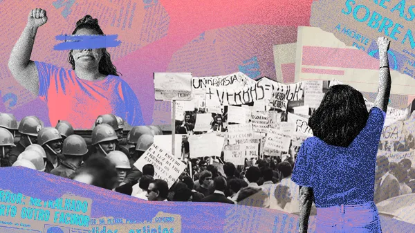 Colagem digital com mulheres protestando contra a ditadura militar. Elementos de repressão, resistência e memória em tons vibrantes e texturas gráficas.