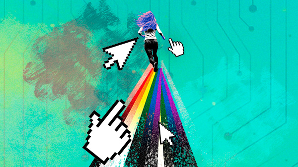 Colagem digital mostra uma pessoa de cabelos coloridos correndo sobre uma estrada feita com as cores da bandeira LGBTQIAPN+, enquanto ponteiros de mouse gigantes apontam em sua direção. O fundo é azul com circuitos eletrônicos e uma mancha escura.