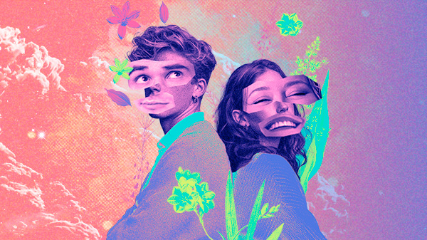 Colagem digital colorida de um homem e uma mulher lado a lado, com rostos distorcidos e flores, sobre fundo psicodélico.