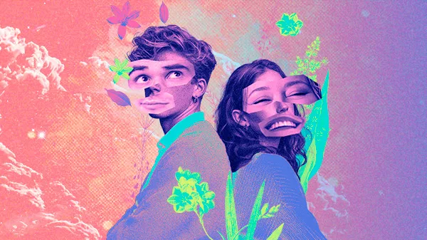 Colagem digital colorida de um homem e uma mulher lado a lado, com rostos distorcidos e flores, sobre fundo psicodélico.
