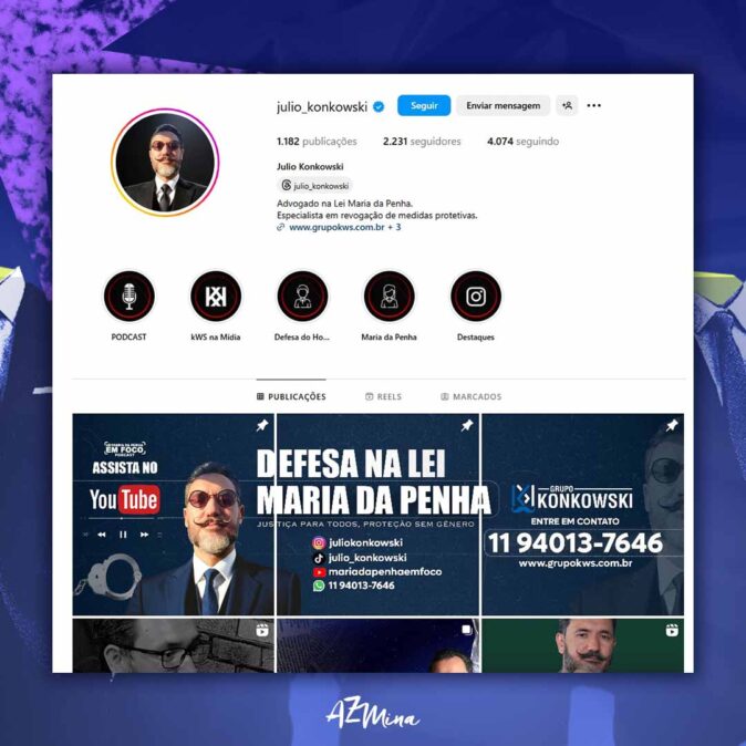Print do perfil do advogado Julio Konkowski no Instagram, que se apresenta como especialista em revogação de medidas protetivas na Lei Maria da Penha, com destaque para vídeos e contato profissional voltados à defesa de homens acusados de violência doméstica.