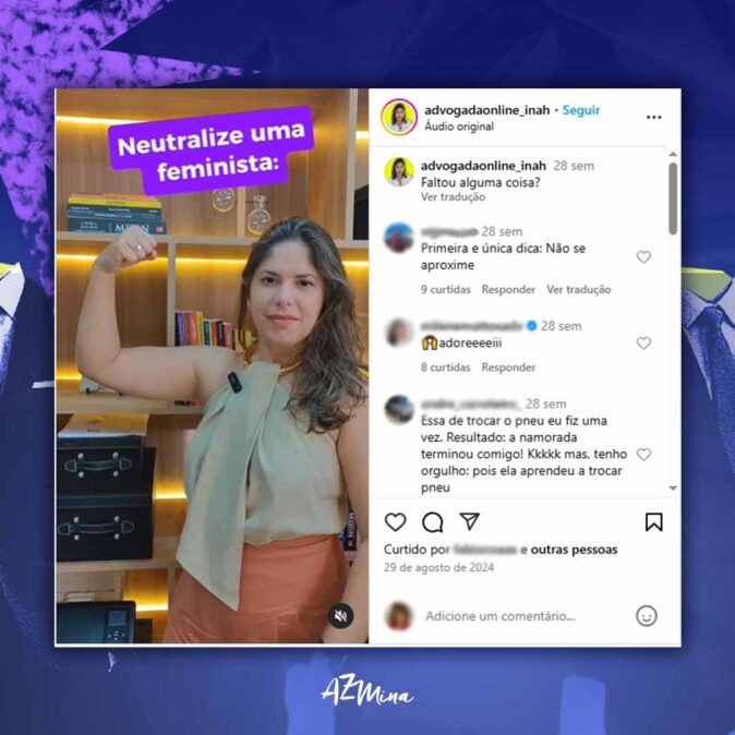 Print de vídeo da advogada Ináh Confolonieri com a frase “Neutralize uma feminista”, em tom irônico e provocador, usando estereótipos para deslegitimar o feminismo e atrair seguidores nas redes sociais.