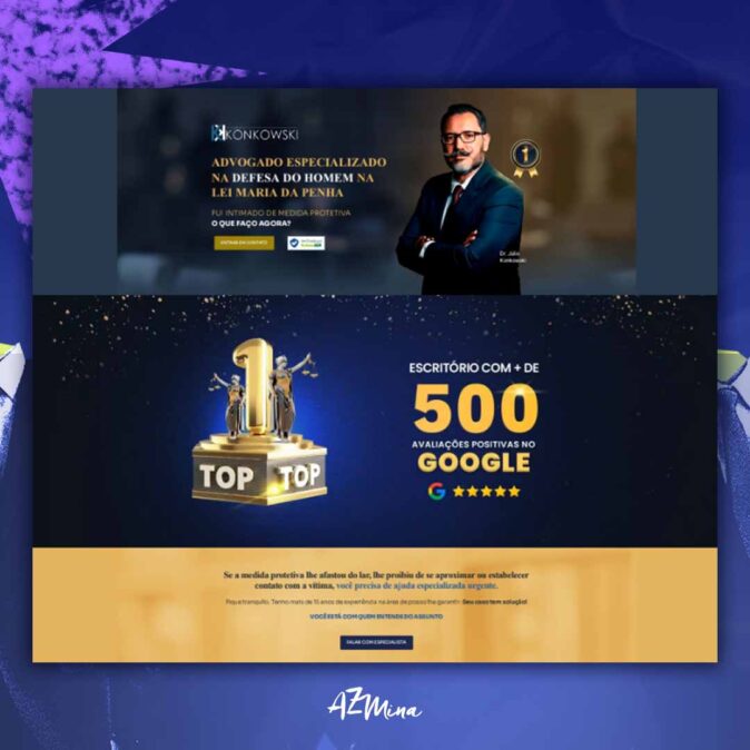 Captura de tela do site do advogado Julio Konkowski, que se apresenta como especialista na defesa de homens na Lei Maria da Penha, com destaque para mais de 500 avaliações positivas no Google e frases que sugerem apoio jurídico imediato contra medidas protetivas.