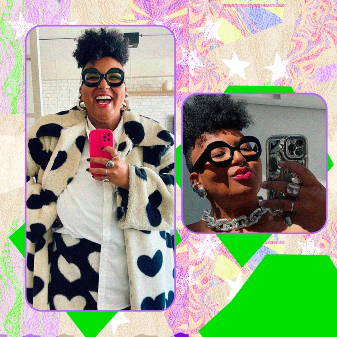 Montagem com duas selfies de Andressa Eleutério, mulher negra sorridente, com óculos grossos, joias chamativas e look com estampa de corações, em fundo colorido.
