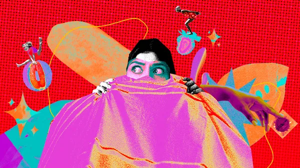 Colagem digital retrata mulher assustada na cama, simbolizando a pressão social sobre a virgindade feminina.