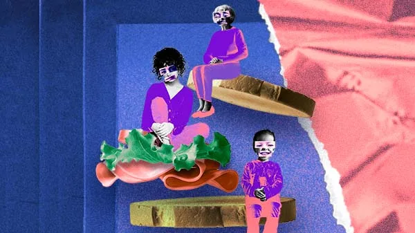 Colagem digital de três pessoas sentadas nas partes de um sanduíche: uma mulher idosa no pão, outra no recheio e uma criança na outra fatia. Elas e o fundo da imagem são em tons coloridos.