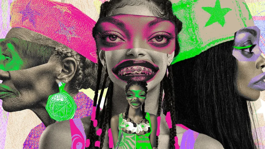 Colagem digital de três mulheres negras com elementos gráficos em rosa, verde e roxo; rostos sobrepostos e expressivos em fundo colorido com estrelas e padrões.