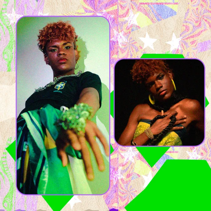 Montagem com duas imagens de Dellamora, pessoa negra de cabelo ruivo. À esquerda, com top amarelo e adereço verde; à direita, em pose elegante com joias.