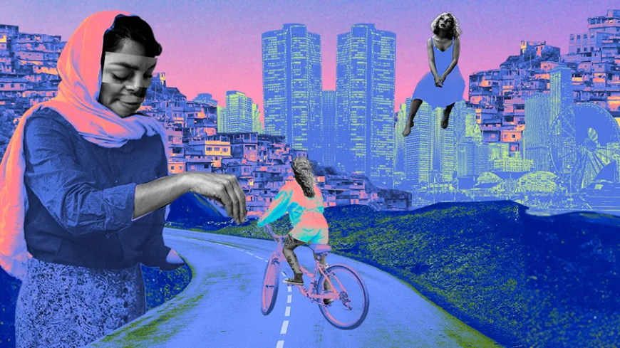 Colagem digital com mulher sorrindo, ciclista na rua e figuras femininas sobre favelas e prédios, em cenário urbano colorido, refletindo a importância do convívio nas cidades