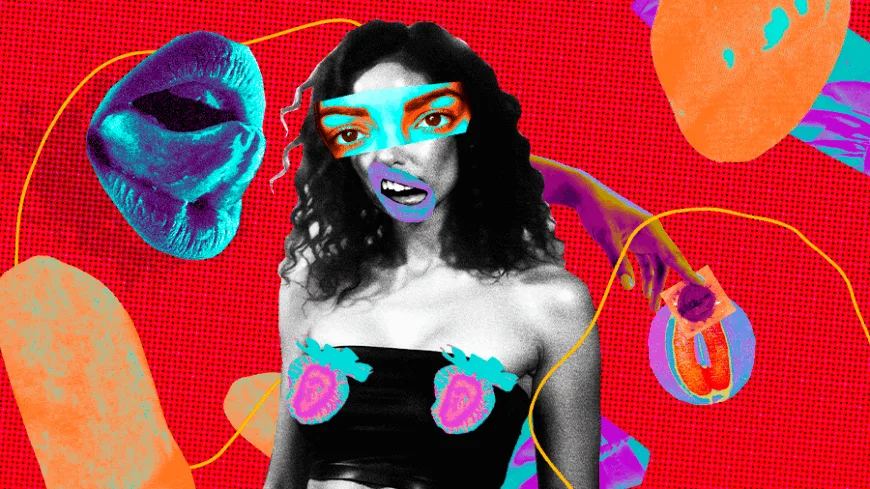 Colagem digital de mulher com rosto fragmentado por imagens de boca e olhos, seios cobertos por flores e elementos gráficos que evocam sexualidade e liberdade feminina sobre fundo vermelho.