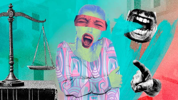 Colagem digital mostra mulher trans gritando com olhos vendados, cercada por símbolos de violência e justiça.