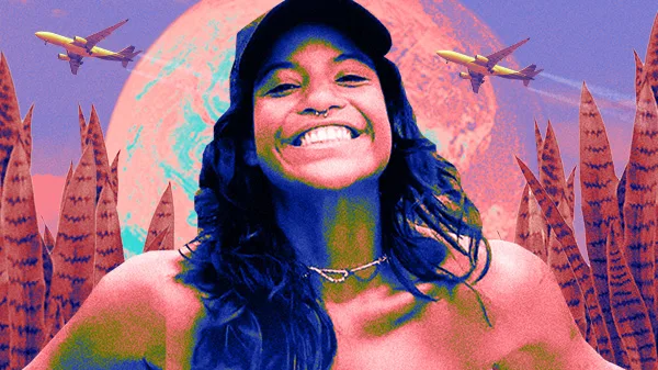 Colagem digital com foto de Juliana Marins sorridente em destaque, usando boné e colar, em cenário com aviões, folhas e planeta ao fundo, em tons vibrantes.