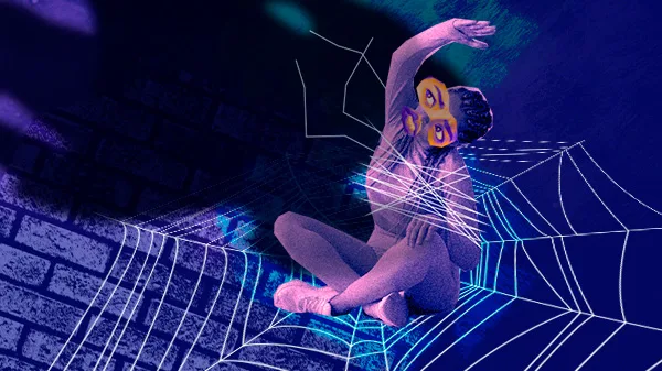 colagem digital uma mulher com expressão assustada presa em uma teia de aran. Uma sombra sobre ela simboliza o ciclo da violência