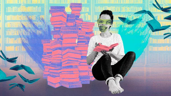 Colagem digital de mulher sentada lendo um livro, com a língua dobrada para fora, demonstrando desejo. Ela está ao lado de uma pilha de livros e alguns livros voam como a sexualidade livre