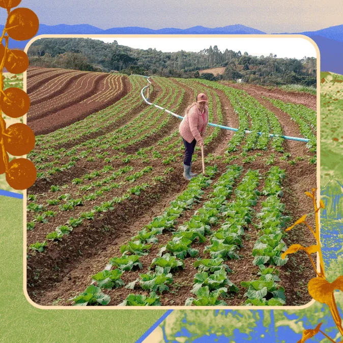 Rita do Rosário trabalha com enxada em plantação de hortaliças em terreno ondulado e fileiras organizadas. Ao fundo, vegetação nativa e montanhas sob céu claro.
