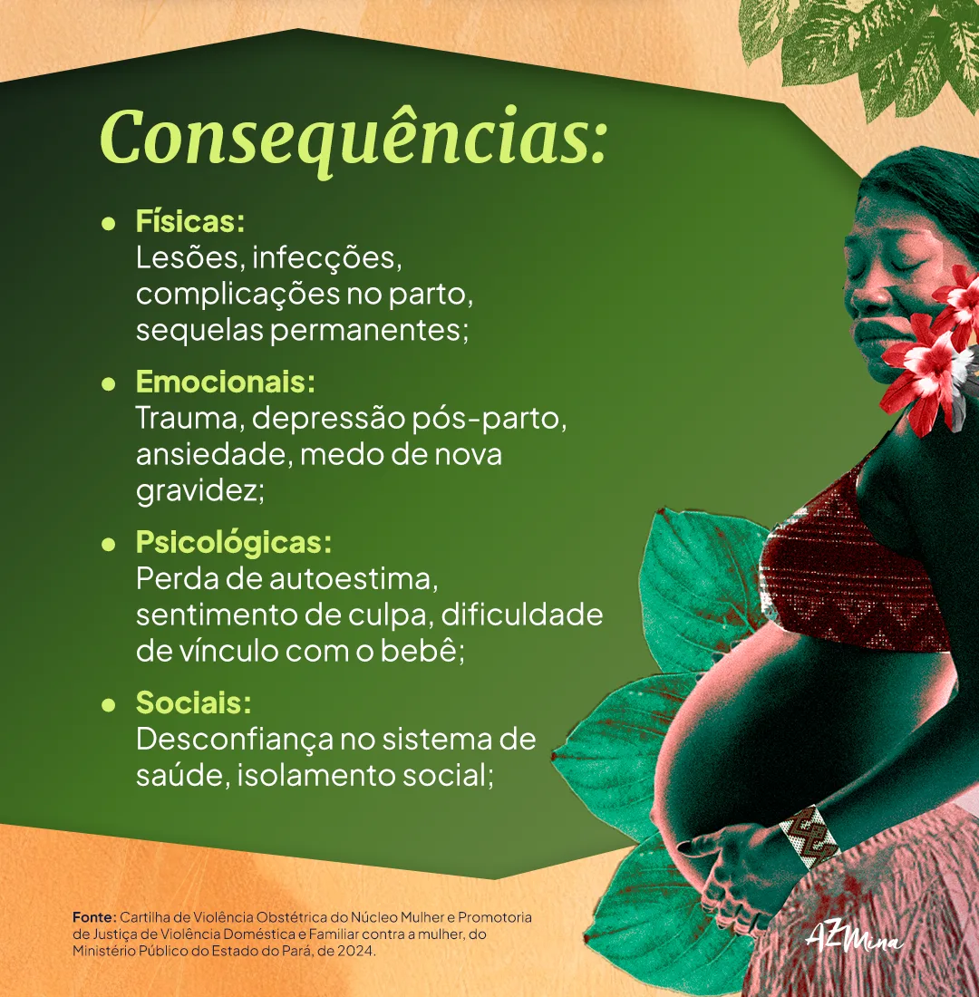 A imagem explica as consequências da violência obstétrica: 
Físicas: lesões, infecções, complicações no parto, sequelas permanentes;
Emocionais: trauma, depressão pós-parto, ansiedade, medo de nova gravidez;
Psicológicas: perda de autoestima, sentimento de culpa, dificuldade de vínculo com o bebê;
Sociais: desconfiança no sistema de saúde, isolamento social;

Fonte: Cartilha de Violência Obstétrica do Núcleo Mulher e Promotoria de Justiça de Violência Doméstica e Familiar contra a mulher, do Ministério Público do Estado do Pará, de 2024.