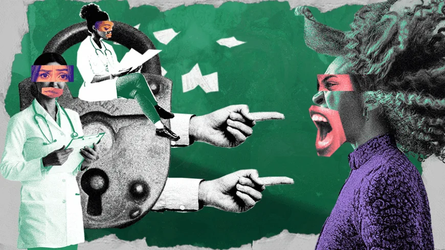 Colagem digital mostra duas profissionais da saúde em um cadeado gigante, enquanto dedos apontam para uma mulher com expressão de revolta. O fundo é verde e o conjunto simboliza a repressão e disputa por direitos.