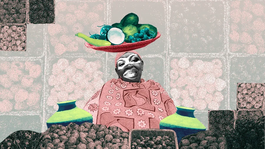 Colagem digital de uma mulher carregando uma cesta de frutas e legumes equilibrada na cabeça. Ela veste uma roupa estampada em tons de rosa e está rodeada por cestos e vasos em cores vibrantes, como verde e azul. O fundo é preenchido por padrões de frutas estilizadas. A composição remete ao protagonismo das ganhadeiras no comércio.