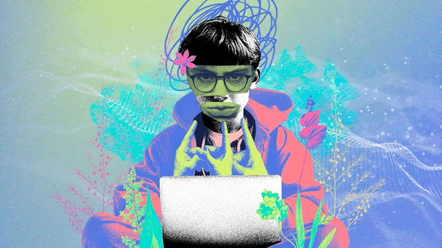 colagem digital de um menino adolescente usando notebook, cercado por flores e rabiscos, simbolizando a influência do machismo online sobre jovens.