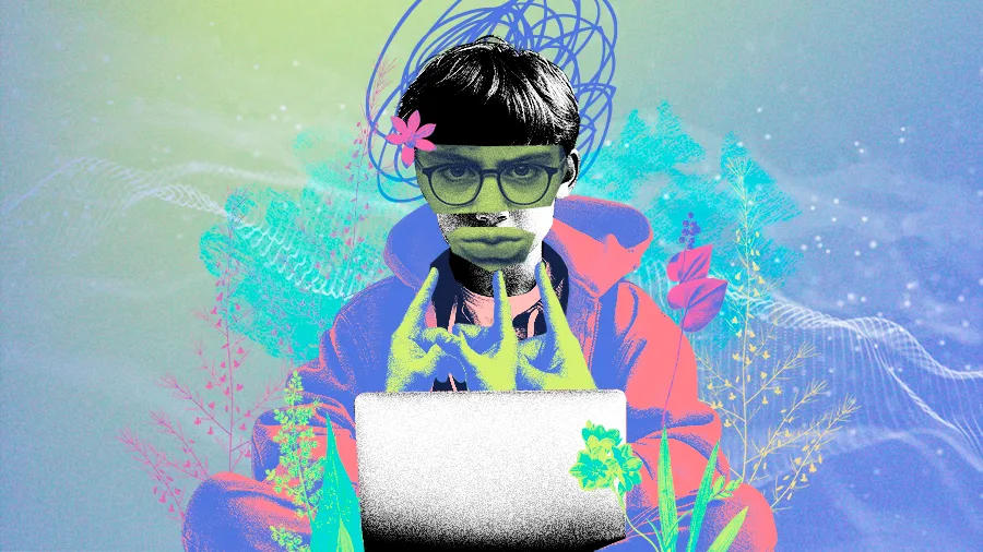 colagem digital de um menino adolescente usando notebook, cercado por flores e rabiscos, simbolizando a influência do machismo online sobre jovens.