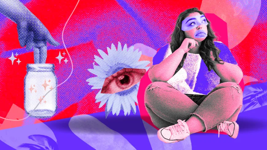 Ilustração de uma mulher gorda, branca, sentada no chão com expressão pensativa. Ao lado, aparece uma mão mergulhando dois dedos em um pote, em referência ao prazer feminino. O fundo tem colagens, flores e um olho desenhado. A imagem aborda o desejo sexual feminino com humor e crítica.