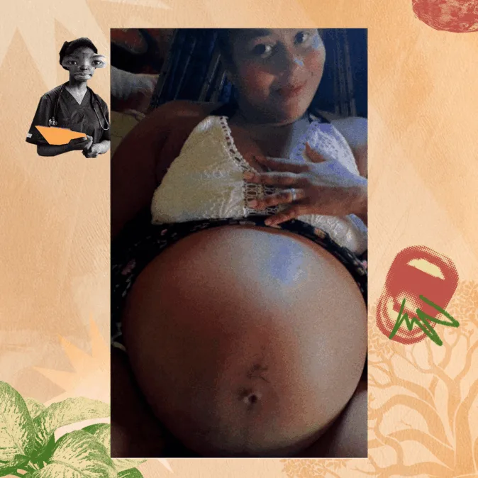 Lidiane é uma mulher negra que mostra a barriga de gravidez sentada numa rede